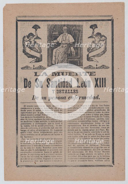 Broadsheet relating to the death of Pope Leo XIII, he is shown in his study flan..., ca. 1900-1913. Creator: José Guadalupe Posada.