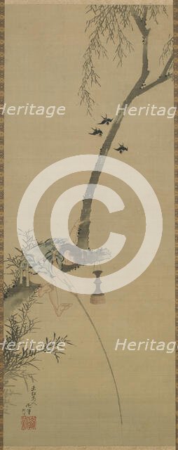 Boy fishing from the limb of a tree, Edo period, 1839. Creator: Hokusai.