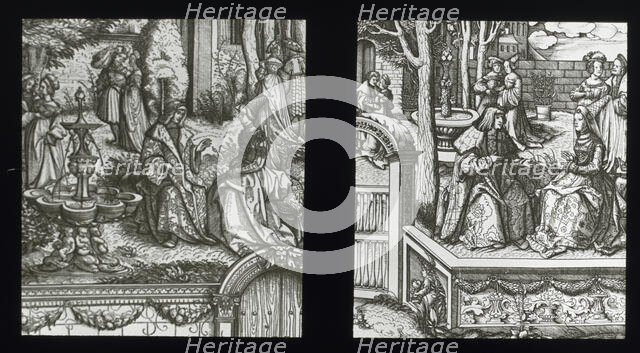 Reproduction of print showing King and queen in garden, between 1915 and 1925. Creator: Frances Benjamin Johnston.