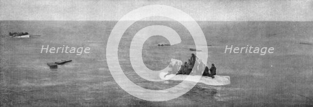 'Attendant des secoure ou la mort; Les radeaux et les embarcations du Sussex entourant le paquebot p Creator: Unknown.