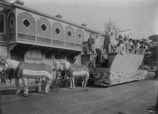 Float representing arrival of first missionary boat "Thaddeus", Floral Parade, Honolulu, 1910. Creator: Bain News Service.