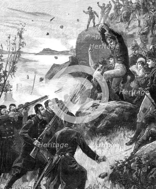 The State of Ireland: the affray at Belmullet, County Mayo, from a sketch by A. O'Kelly, 1881. Creator: William James Palmer.