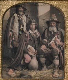 Three Men in Shepherd Attire, One with Bagpipes, the Other Two Holding Bread, 1850s. Creator: Unknown.