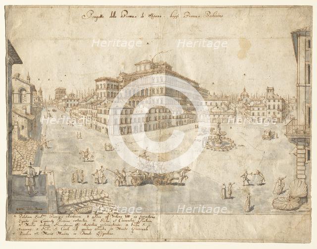 Eighteen Views of Rome: The Piazza Barberini (recto), 1665. Creator: Lievin Cruyl (Flemish, c. 1640-c. 1720).