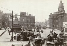 Horse-drawn taxis and electric trams on Fitzalan Square, Sheffield, Yorkshire, c1900 Artist: George Washington Wilson and Company.