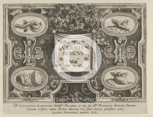 Title Plate from "The Introduction of the Silkworm" [Vermis Sericus], ca. 1595 Creator: Karel van Mallery.