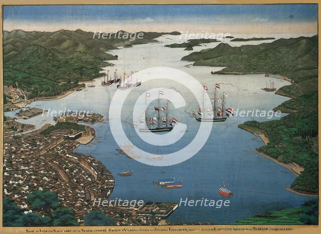 The island of Deshima in the bay of Nagasaki with the ships Vasco da Gama and Johanna..., ca 1825. Creator: Kawahara, Keiga (1786-after 1860).