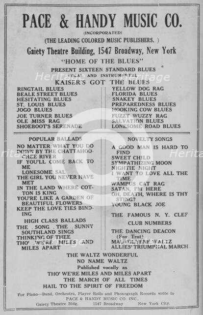 Pace & Handy Music Co. [Incorporated]; [The leading Colored music publishers]..., 1918-1922. Creator: Unknown.