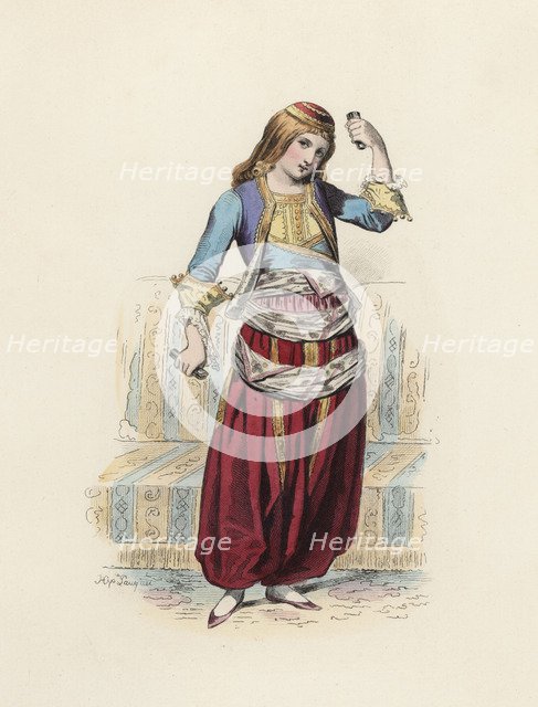 Greek Dancer woman, color engraving 1870.
