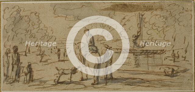 Figures Walking and on Horseback in a Park, n.d. Creator: Unknown.