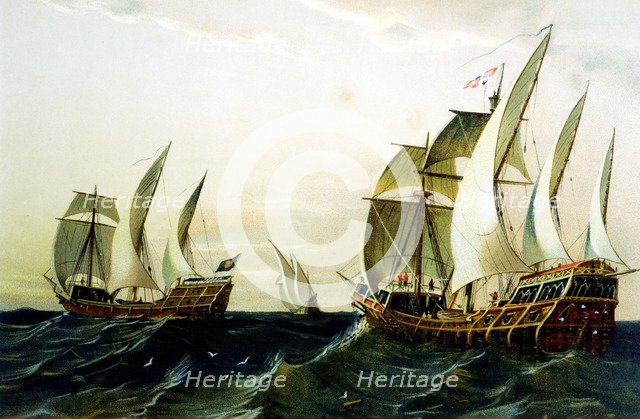Detail of a lithograph made ??in 1875 showing the Caravels of Columbus' first voyage to America i…