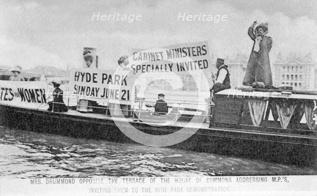 'General' Mrs Drummond in a boat opposite the terrace of the House of Commons, 1908. Artist: Unknown