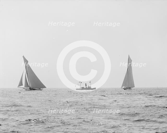 Reliance and Shamrock III coming for the line, Aug. 22, '03, 1903 Aug 22, c1903. Creator: Unknown.