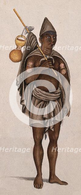 A man in a loincloth is carrying a stick with a cloth and pot. Creator: Unknown.