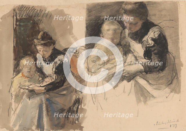 Two studies of a maid teaching a boy to read on her lap, 1874-1927. Creator: Johan Antonie de Jonge.