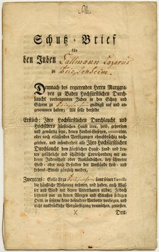 Letter of Protection for Callmann Lazarus from Friesenheim in Baden, 1777.