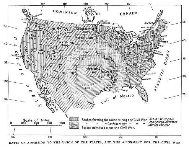 Dates of admission to the Union of the States, and the alignment for the civil war, 1933. Artist: Unknown