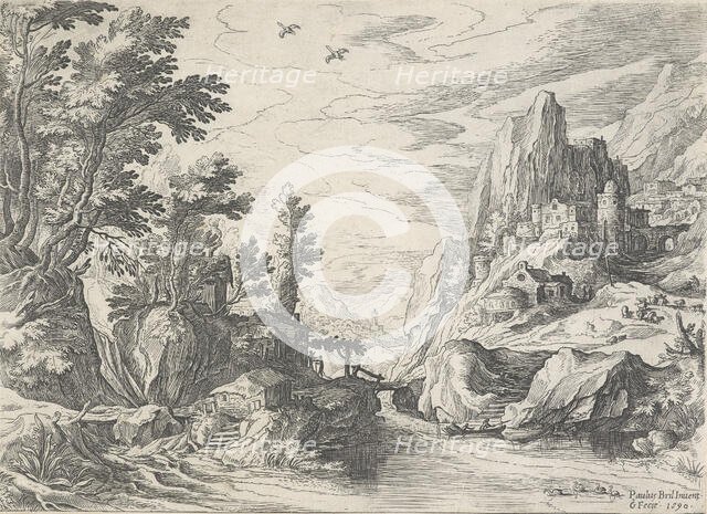 River landscape with a shepherd on a hill to the right. From: Views of the coast of Campania, 1590. Creator: Paul Brill.