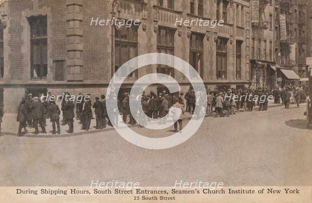 'During Shipping Hours, South Street Entrances, Seamen's Church Institute of New York', c1888.  Artist: Unknown.