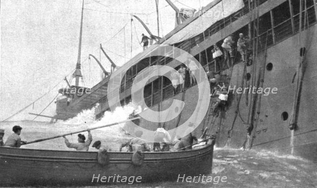 At Sea; After the "Sontay" was torpedoed on April 16, 1917, at noon: the last passenger..., 1917. Creator: Unknown.