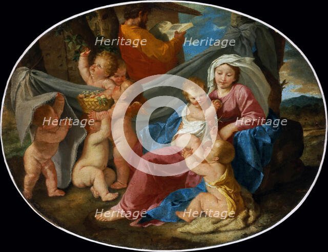 Rest on the Flight into Egypt with the Infant Saint John the Baptist and Angels, ca 1627. Creator: Poussin, Nicolas (1594-1665).