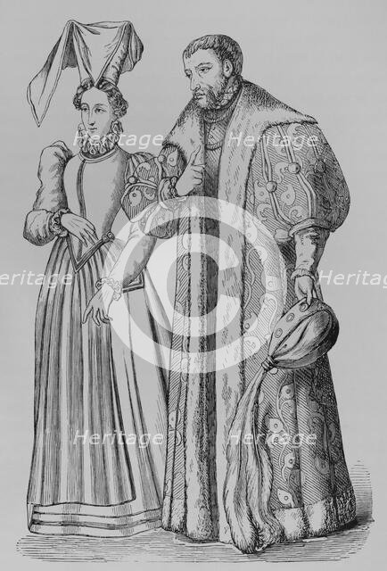 Costume of a rich bourgeoise, and of a noble...of the time of Francis I, 1878. Creator: Unknown.