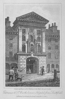 View of the entrance of St Bartholomew's Hospital from Smithfield, City of London, 1816. Artist: Thomas Higham