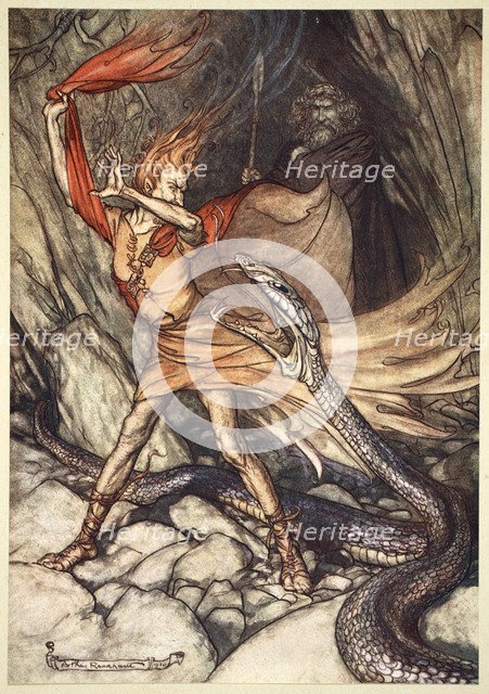 'Ohe! Ohe! Horrible dragon, O swallow me not! Spare the life of poor Loge!', 1910.  Artist: Arthur Rackham