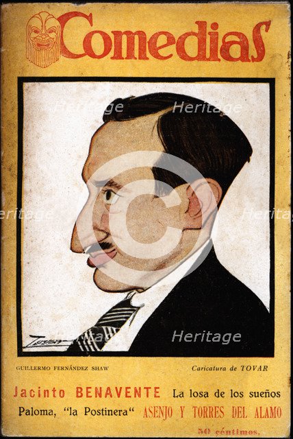 Cover of the publication 'Comedias'. Caricature of Guillermo Fernandez-Shaw Iturralde (1893-1965)…