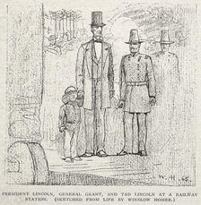 President Lincoln, General Grant, and Tad Lincoln at a Railway Station, 1887. Creator: Winslow Homer (American, 1836-1910).