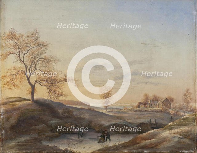 Winter landscape with ice skaters, from Frederiksdal, 1820-1829. Creator: Johan Stroe.