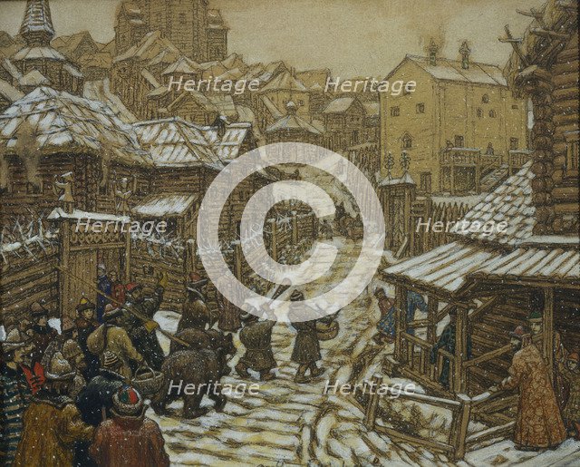 The bear trainers. Old Moscow, 1911. Artist: Vasnetsov, Appolinari Mikhaylovich (1856-1933)