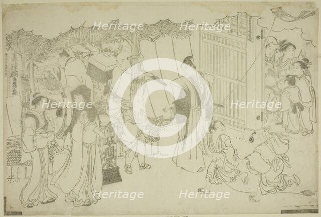 The First Day of Business (Akinai hajime), from the illustrated book "Colors of the..., c. 1787. Creator: Torii Kiyonaga.