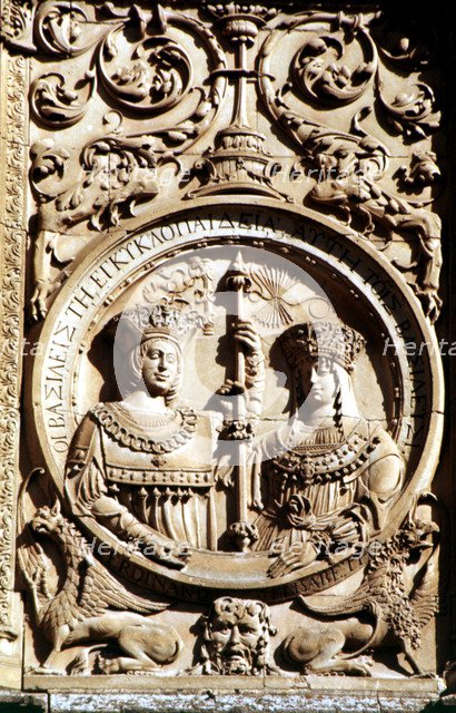 Medallion on the façade of the University of Salamanca with the Catholic Kings.