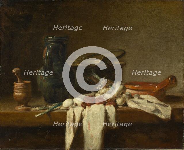 Still Life with Pestle and Mortar, Pitcher and Copper Cauldron, 1728. Creator: Jean-Simeon Chardin.