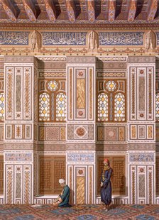 Cairo: Interior of the Mosque of Qaitbay; worshippers pray next to wall niches, or Mihrabs, pub. 187 Creator: Emile Prisse d'Avennes (1807-79).