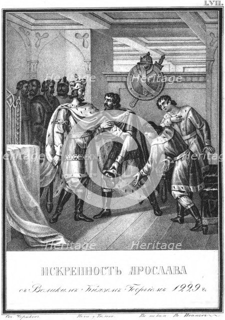 The sincerity of Yaroslav to Georgy Vsevolodovich. 1229 (From Illustrated Karamzin), 1836. Artist: Chorikov, Boris Artemyevich (1802-1866)