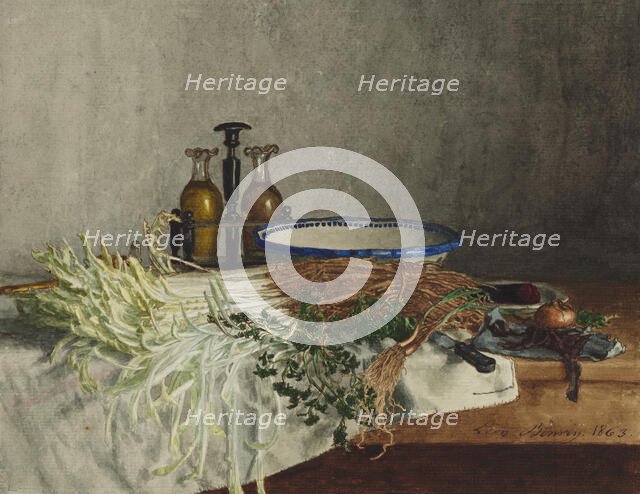 Still Life with Wild Chicory, Chervil, and Cruet, 1863. Creator: Leon Bonvin.