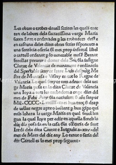 First sheet of the work 'Trobes en lahors de la Verge Maria', the first literary work... Spain, 1474 Creator: Unknown.