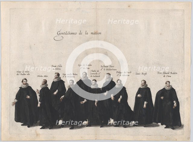 Plate 24: Gentlemen of the house marching in the funeral procession of Archduke Albert of ..., 1623. Creator: Cornelis Galle I.