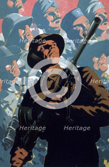 British soldier with bren gun, allied servicemen in background, between 1939 and 1946. Creators: Unknown, Central Office of Information.