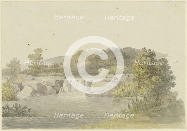 A river with a low waterfall, wooded banks in the background, c1790-1794. Creator: Georg Melchior Kraus.