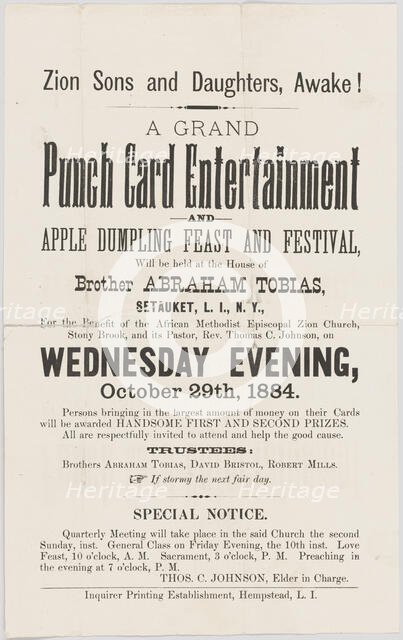 Handbill advertising a punch card event at A.M.E. Zion Church Stony Brook, 1884. Creator: Unknown.