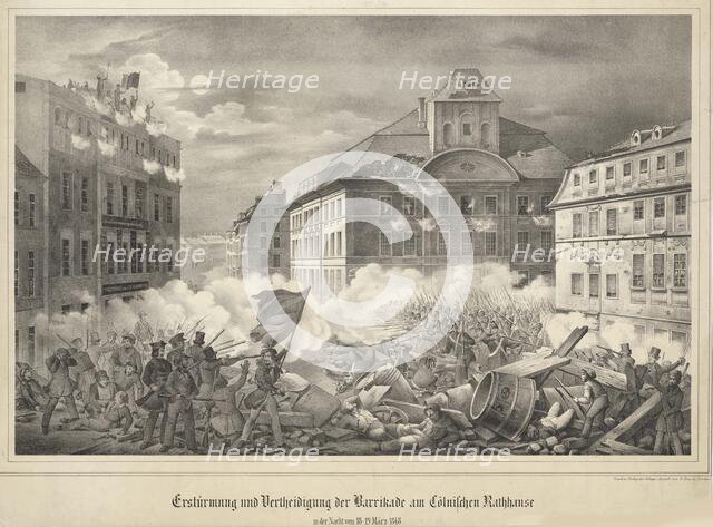 Fighting on the barricade at the Köllnische Rathaus (Cölln Town Hall) in Berlin...March 18-19, 1848. Creator: Anonymous.