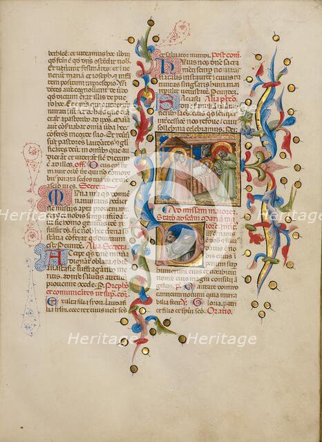 The Adoration of the Christ Child: Initial P: Two Shepherds; Missal, between about 1389 and 1400. Creator: Master of the Brussels Initials.
