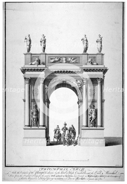 Triumphal arch on the west end of Westminster Hall, London, 1761.                                    Artist: Anthony Walker