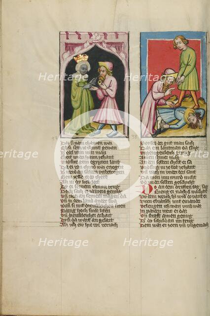 Moses Leaves Tabris, the King's Daughter, with a Magic Ring: Moses Killing an..., about 1400-10. Creator: Unknown.