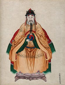 Chinese Emperor Fu Hsi, wearing traditional costume, holding the 'Yin-yang' symbol, 19th century. Creator: Unknown.