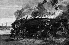 Burning a condemned slave dhow at Funzi, Pemba Island, 1881. Creator: Unknown.