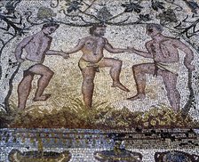 Mosaic in the Amphitheatre house representing treading grapes, preserved in the archaeological si…